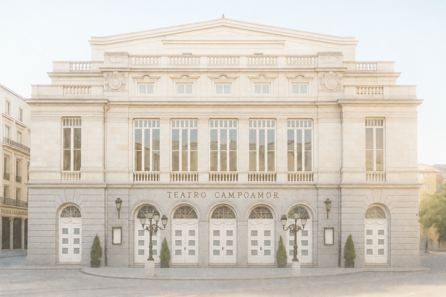Fachada del Teatro Campoamor de Oviedo, en la portada de Leonoras